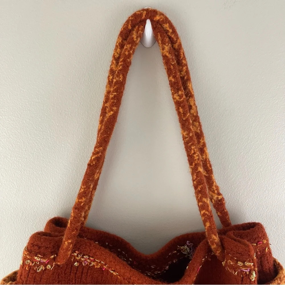 90s Burnt Orange Handmade Sequin Knit Felted Wool Slouchy Hobo Shoulder Bag Tote